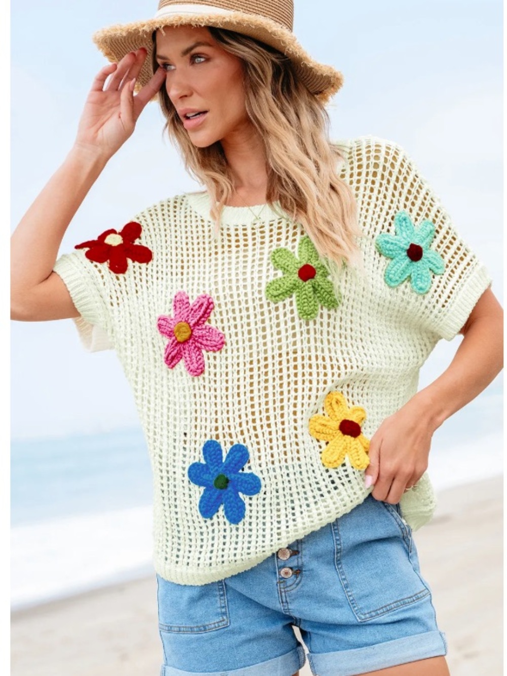Crochet Flower Mesh Top - Pastel Cream with Colorful Flowers